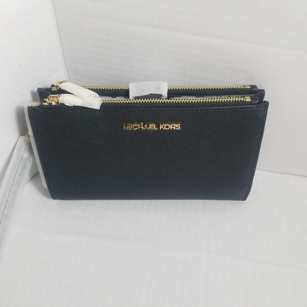 NWT MICHAEL KORS JET SET TRAVEL DOUBLE ZIP LEATHER WRISTLET